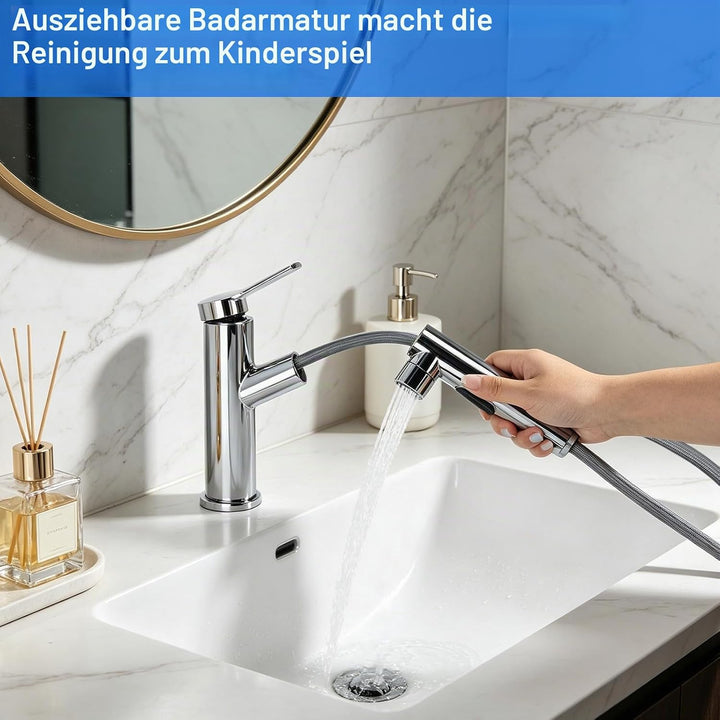 Wasserhahn Bad mit Ausziehbar Brause, Hochdruck Waschtischarmatur Einhebelmischer mit 3 Strahlarten,