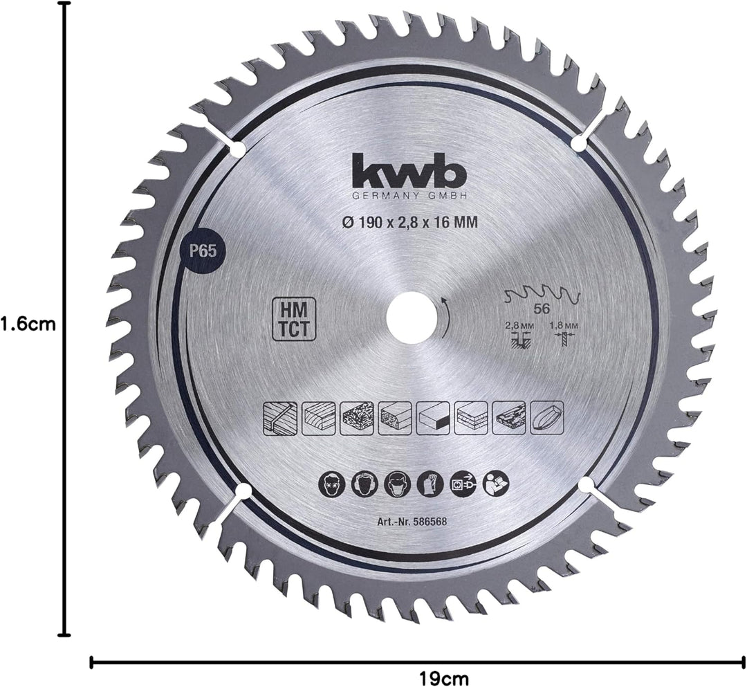 kwb Kreissägeblatt 190 x 16 mm, sehr feiner Schnitt, Sägeblatt geeignet für Arbeitsplatten, Holz und