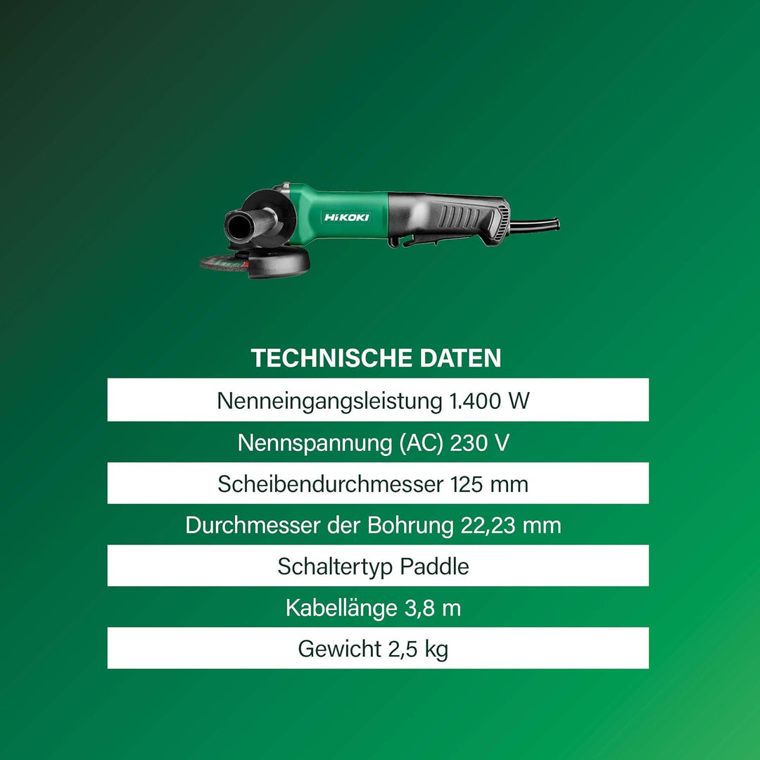 HIKOKI G13SE3 Winkelschleifer Durchmesser 125mm mit Paddleschalter und Wiederanlaufschutz, 1400W, 23