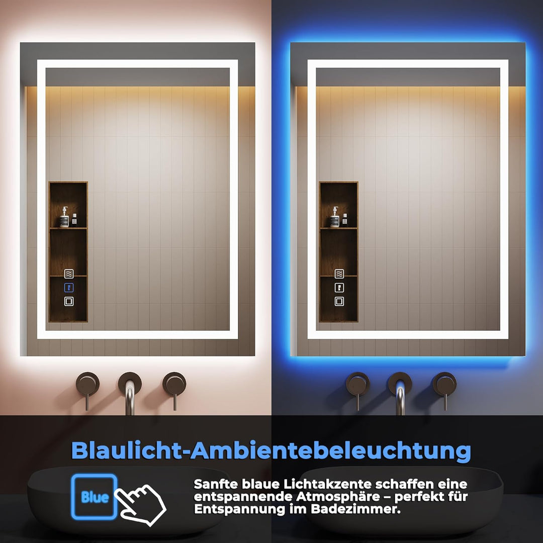 Spiegel Mit Beleuchtung, 80x60cm - Wandspiege, Badezimmer Spiegelbeleuchtung, 4 Farben, Dimmbar Touc