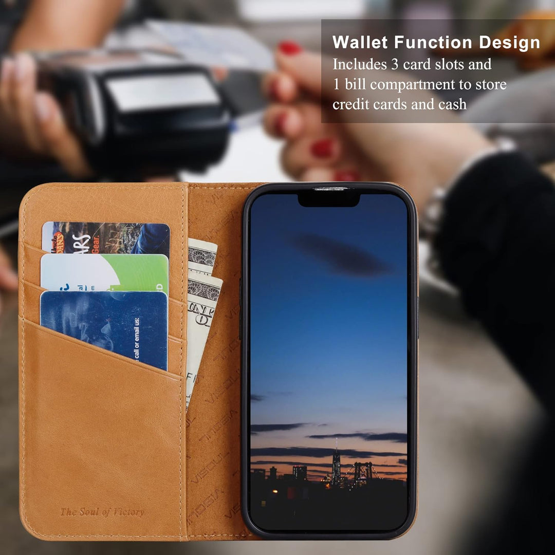 VISOUL Hülle für iPhone 14 Pro Handyhülle [Echtleder] [3 Kartenfächer] [Magnet] [Standfunktion], TPU