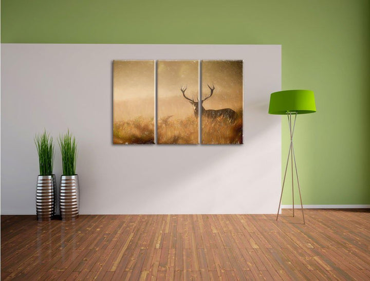 Pixxprint Rotwild Hirsch im Nebel als Leinwandbild/Grösse: 3 Teilig (120x80 cm) cm/Wandbild/Kunstdru