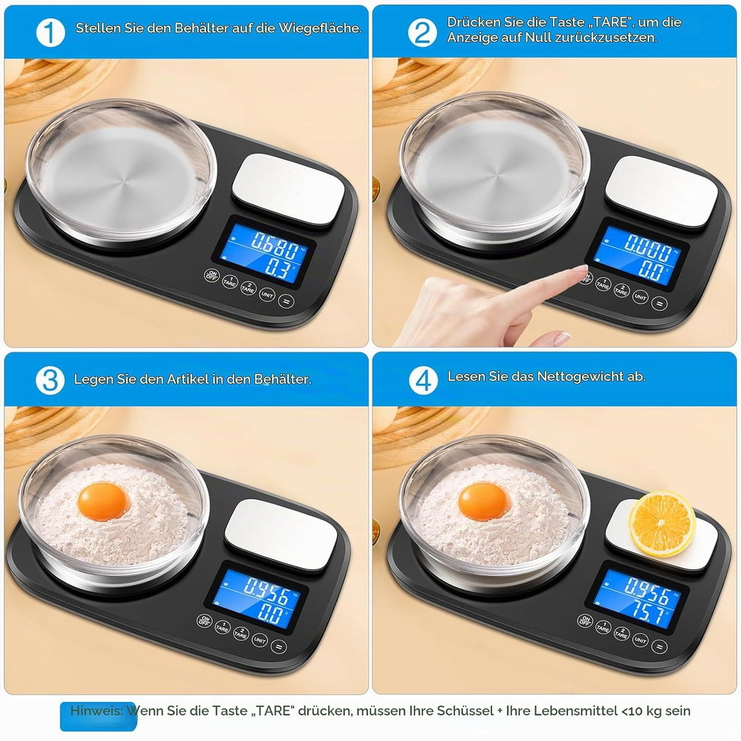 Brifit Küchenwaage mit Dualer Plattform, 10Kg /1g und 1Kg/0,1g，Digitalwaage mit 7 Einheiten, Tara Fu
