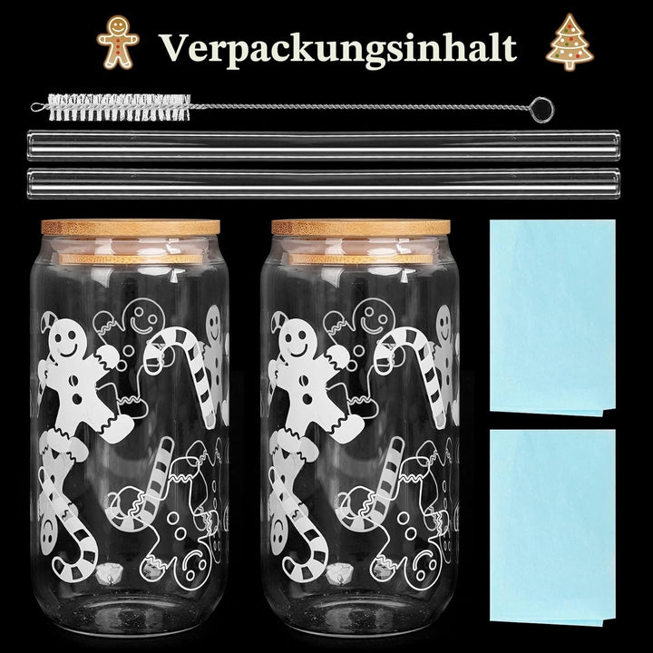 Weihnachtstassen, 550ml Weihnachtskaffee Tassen Bier Dose Glas mit Deckel und Stroh Weihnachten Lebk