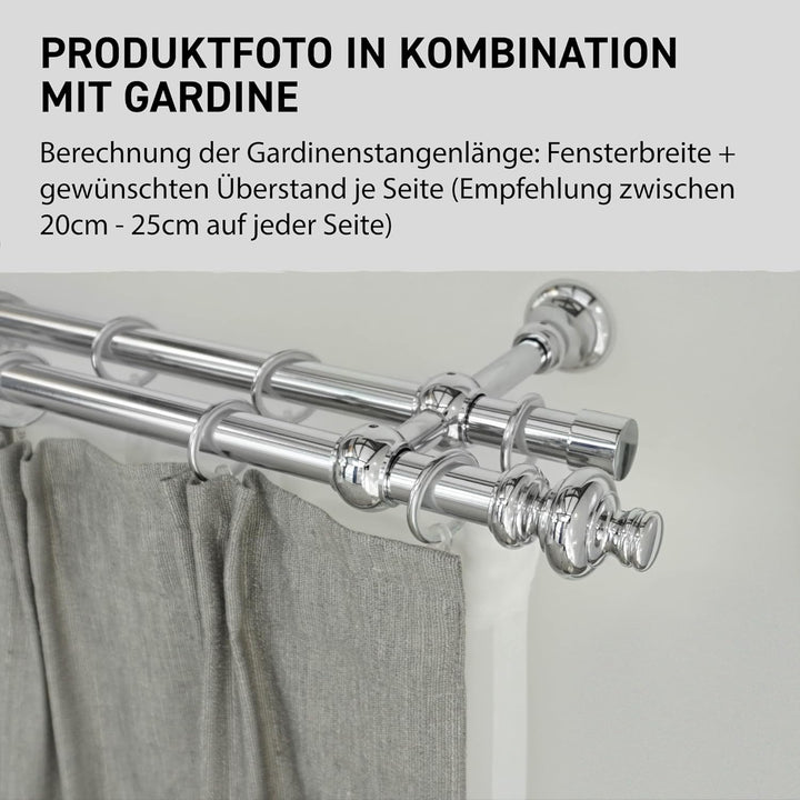 Garesa Gardinenstange Andrea Ø 20mm, 2-läufig, Chrom I Stabile Vorhangstange inkl. Ringe + Faltenleg