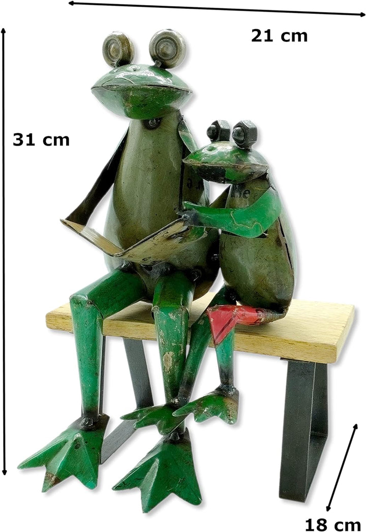 Metall Dekofigur Frösche auf Holz-Bank 21 x 31cm grün braun schwarz Garten-Figur Deko Frosch Skulptu