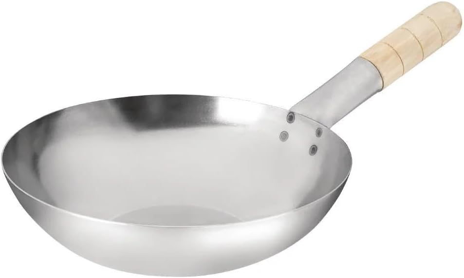 Vogue Wok-Bratpfanne mit flachem Boden aus Stahl, 240 mm, hitzebeständiger Holzgriff, rustikales Des