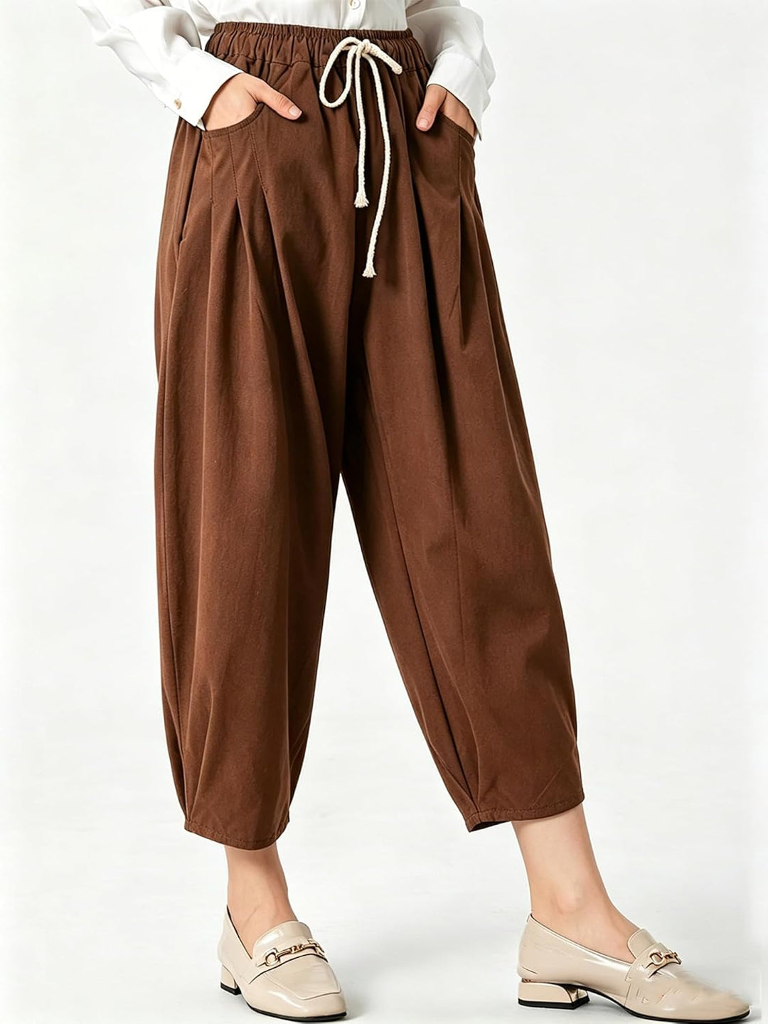 FTCayanz Damen Weite Baggy Haremshose Freizeithose Sommer Baumwolle Lockere Palazzo Hosen mit Tasche