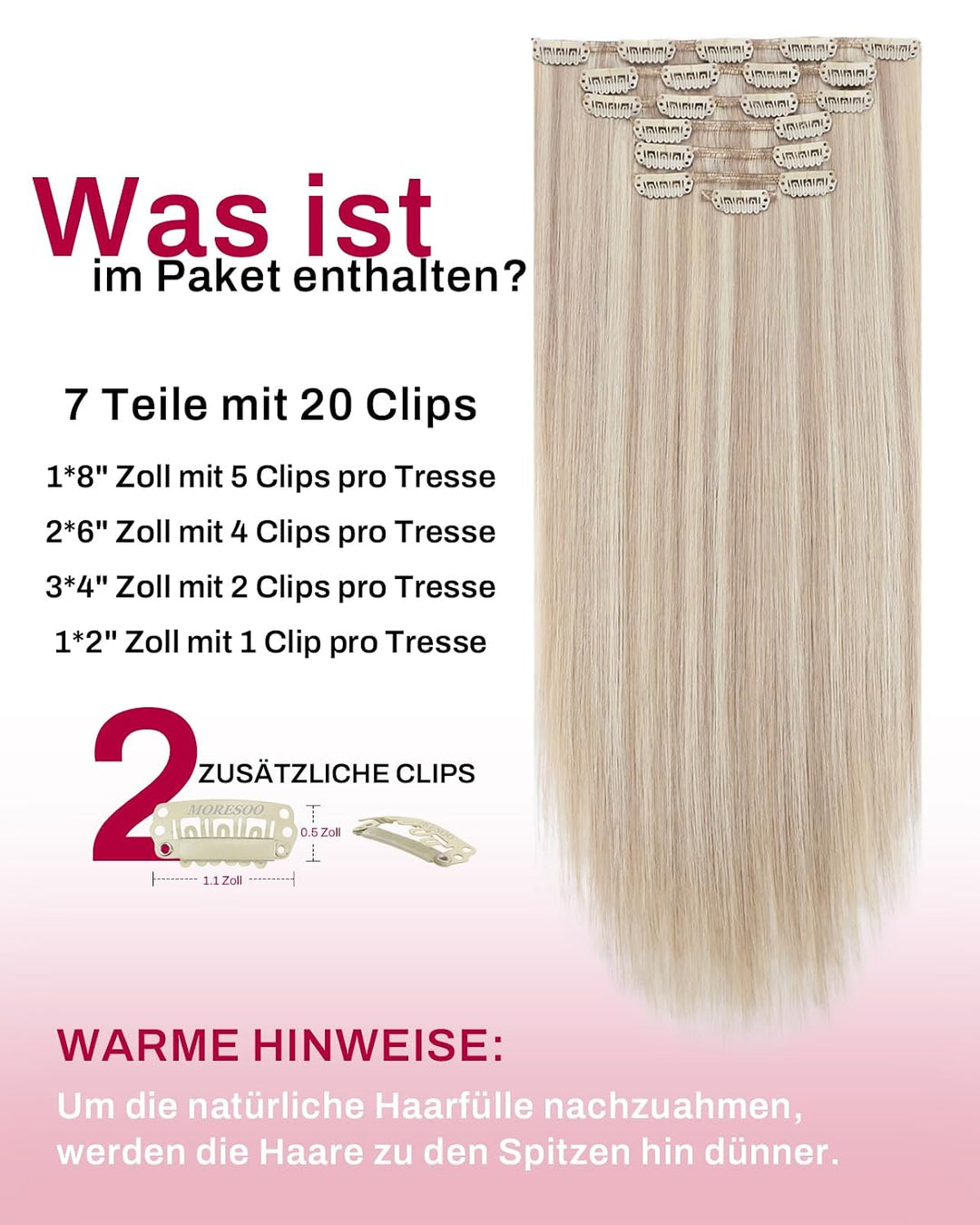 Moresoo Clip in Extensions Echthaar Aschblond mit Blond Haarverlängerung Echthaar Clip in Extensions