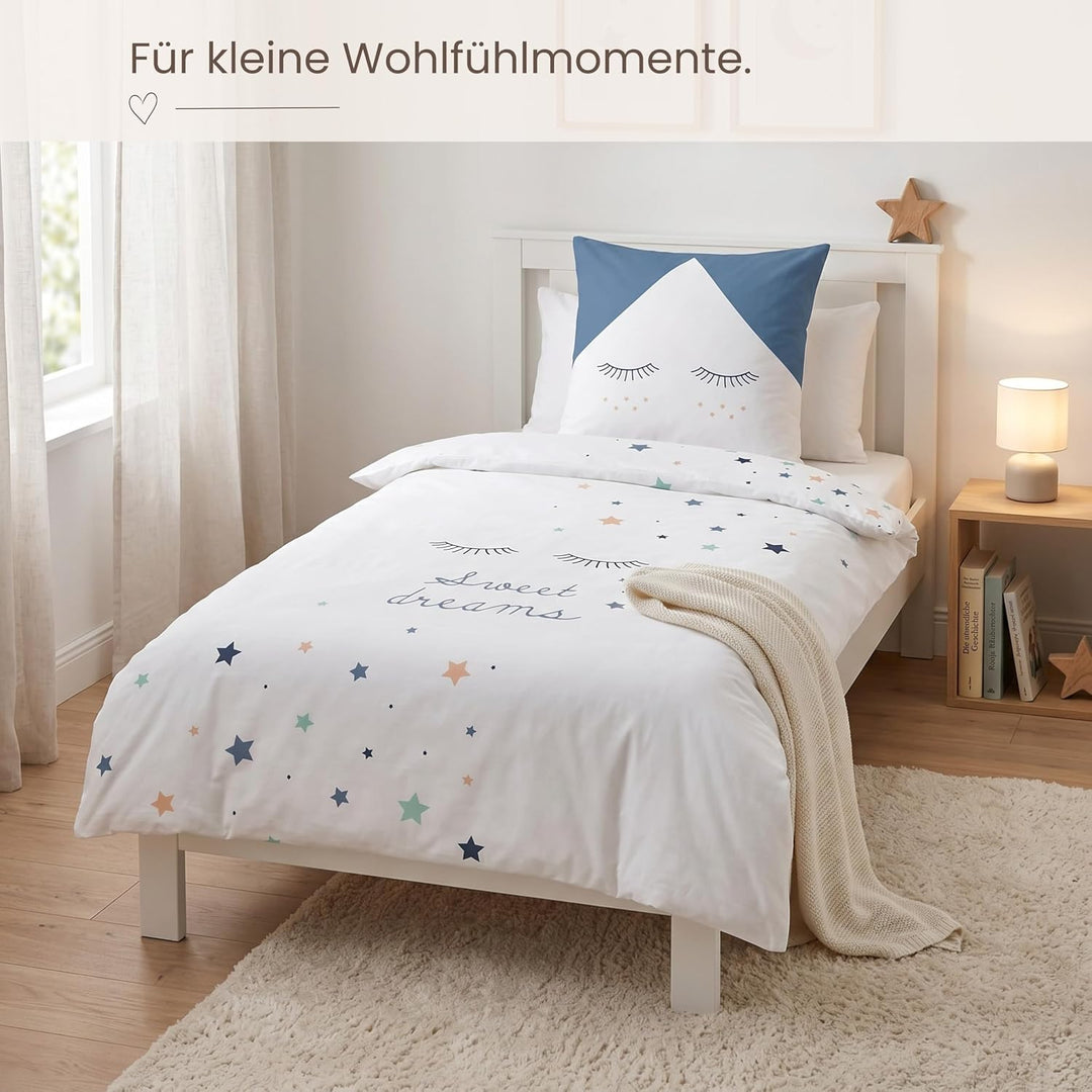 Sterne Mädchen-Bettwäsche Set · Kinderbettwäsche Sweet Dreams · Wende Motiv Wimpern · 2 teilig - Kis