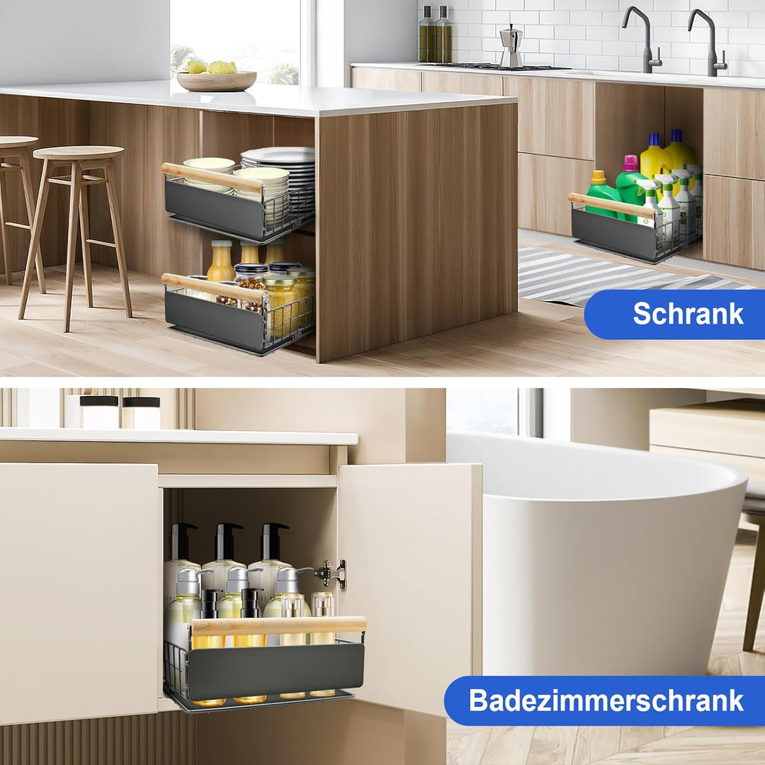 2 Artikel Ausziehbare Schublade Küche, Hochwertiger Karbonstahl Ausziehbarer Schrank Organizer, Ultr