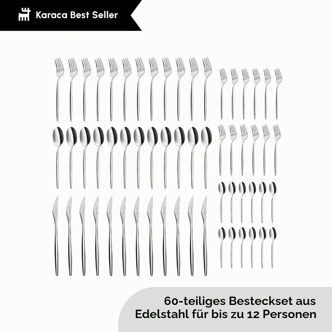 Karaca Lizbon Besteckset Mit Box Set 60-Teilig, Fur 12 Personen, 18/10 Edelstahl Besteck- Set, Spulm