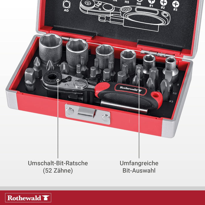 Rothewald Mini-Ratschensatz, Metrisch, 26 Teile, Motorrad-Bordwerkzeug, Ratschen- & Bit-Set, Ideal f