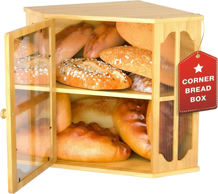 Bambus Brotkasten, Küche Ecke Brotbehälter mit 2 Etagen und Sichtfenster | Brotaufbewahrung Brotbox