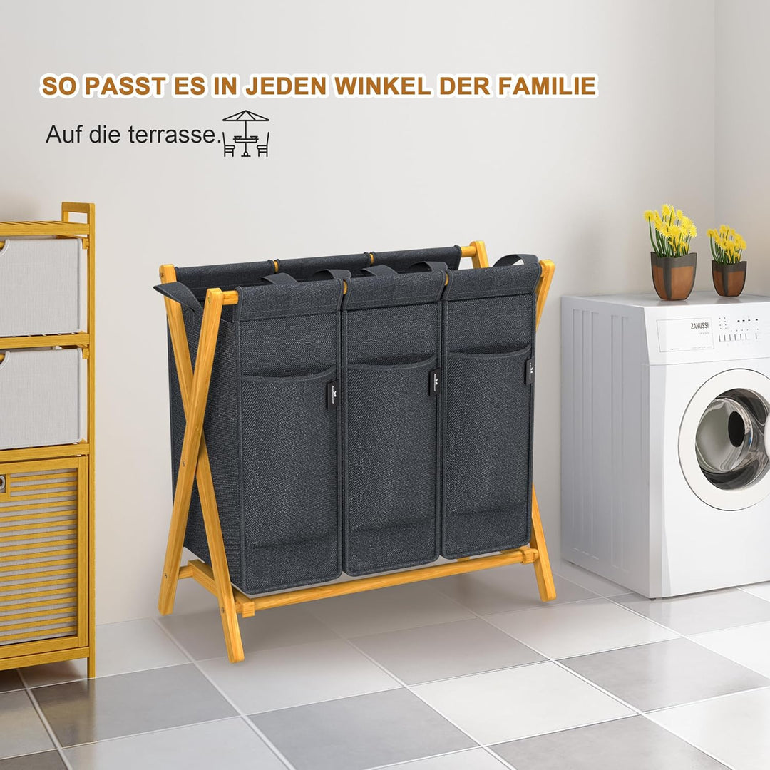 AdelDream Wäschekorb 3 Fächer 150L Bambus Wäschesammler Wäsche Sortiersystem X-förmige Wäschebox lau