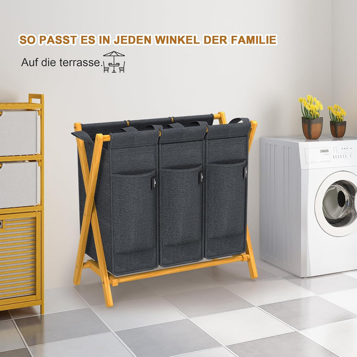 AdelDream Wäschekorb 3 Fächer 150L Bambus Wäschesammler Wäsche Sortiersystem X-förmige Wäschebox lau