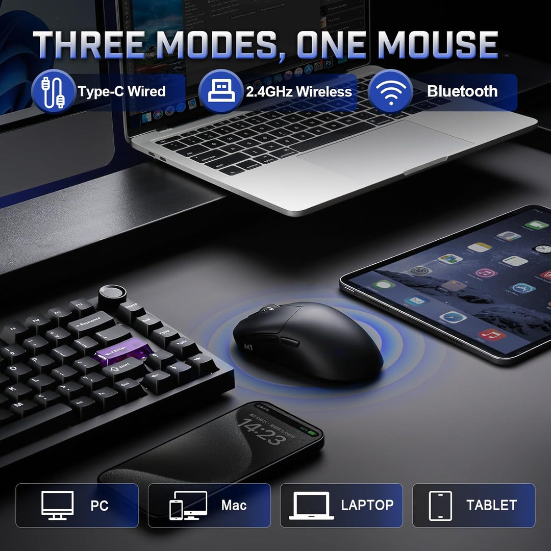 YUNZII M1 Kabellose Gaming-Maus, BT/2.4G Wireless/Wired Ultralight Mouse, PAW3311-Sensor 10000 DPI,