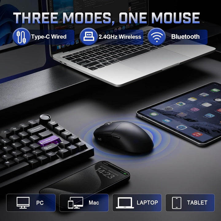 YUNZII M1 Kabellose Gaming-Maus, BT/2.4G Wireless/Wired Ultralight Mouse, PAW3311-Sensor 10000 DPI,