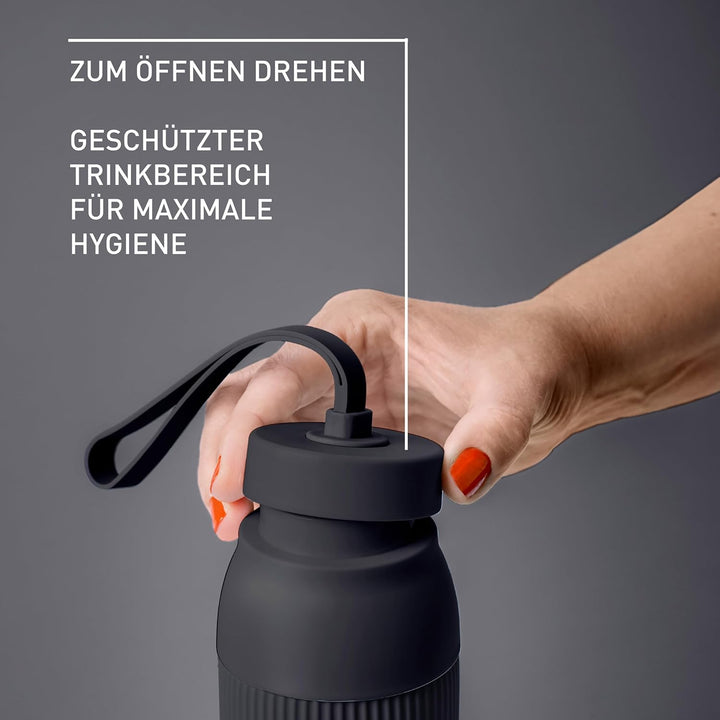 Emsa beYou Twist Isolier-Trinkflasche, 0,5 Liter, mit integriertem Sieb und Trageband, 100% dicht, s