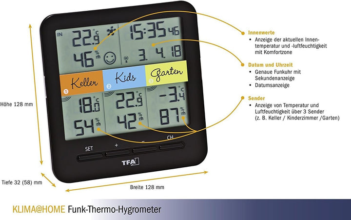 TFA Dostmann 30.3060.01 Funkthermo-Hygrometer Klima Home, schwarz (Schwarz mit Batterien), Schwarz m