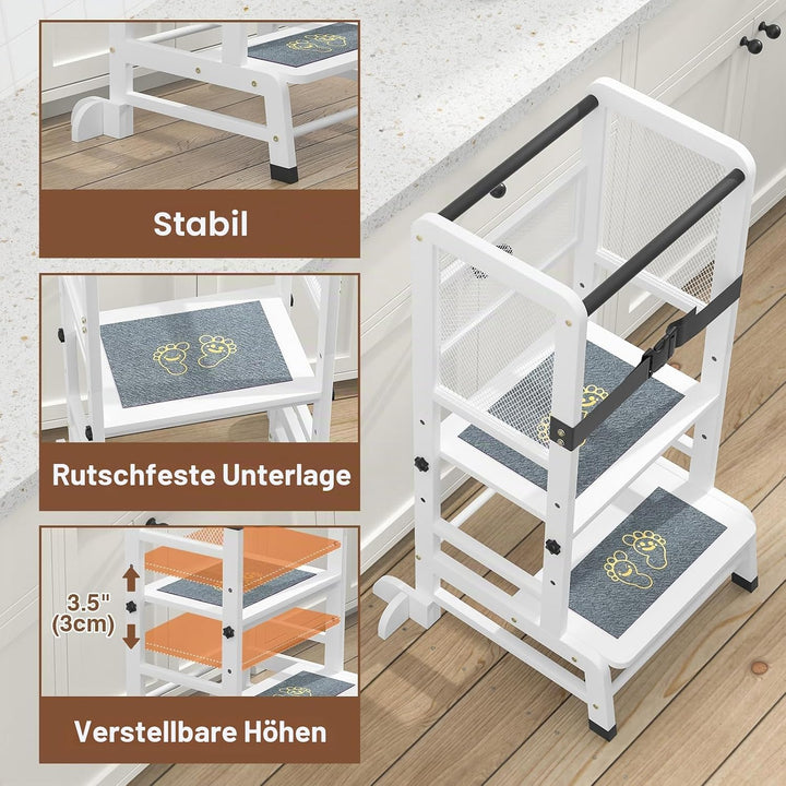 Learn N Explore, Lernturm für Kinder aus Eisen, 3-stufig Höhenverstellbarer Tritthocker aus Holz, St