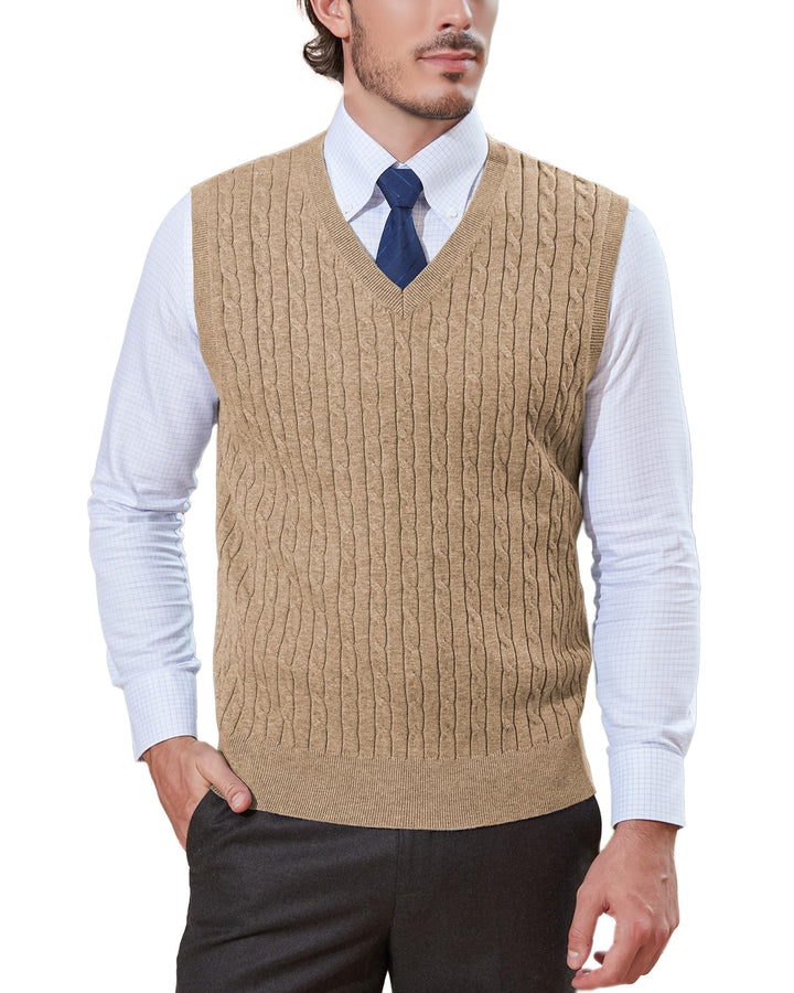 Kallspin Herren Strickweste Pulunder Ärmellos Zopfstrick V-Ausschnitt aus Wollmischung XL Tall Kaffe