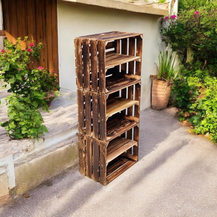 Teramico Holzkisten Obstkisten Weinkisten geflammt dunkel 50 x 40 x 30cm in tollen Set-Angeboten als