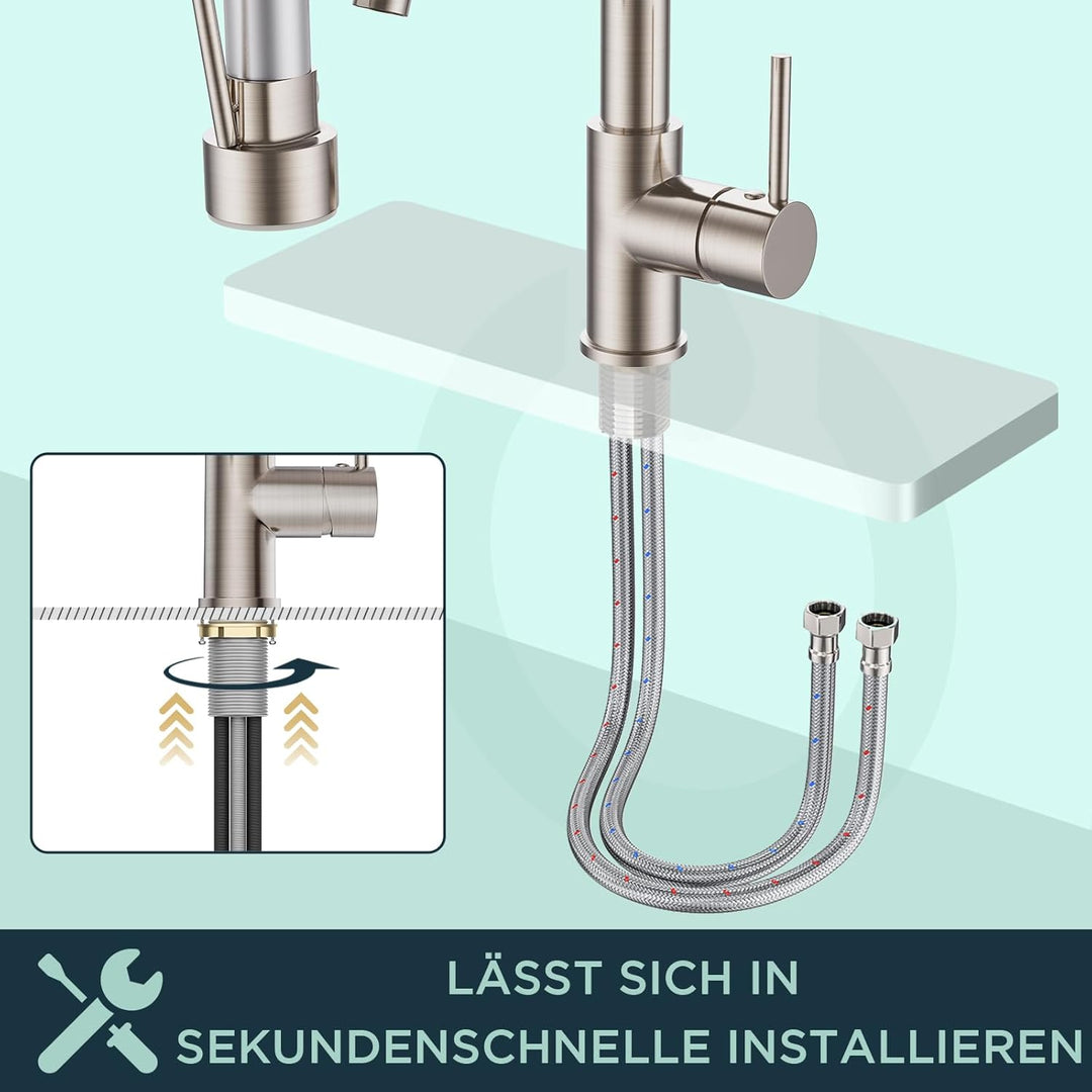 FORIOUS Wasserhahn Küche Schwarz,Edelstahl-Küchenarmatur, Spülarmaturen Küche, Zweigriff-Mischbatter