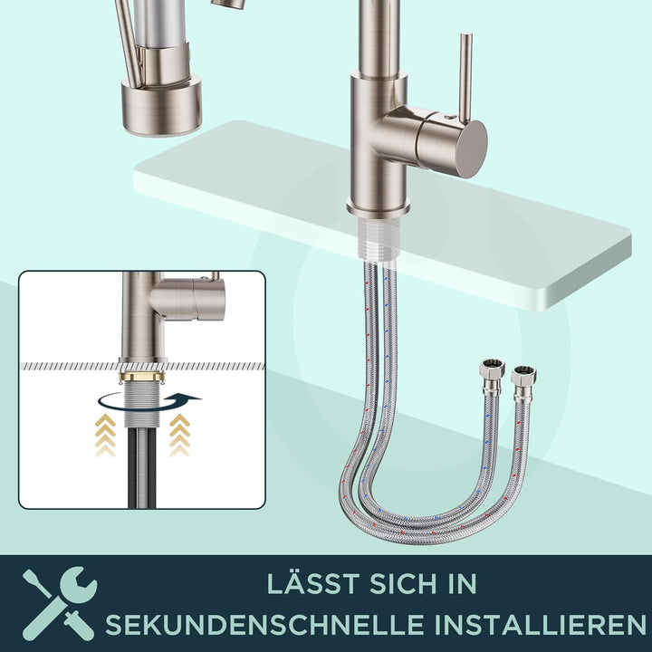 FORIOUS Wasserhahn Küche Schwarz,Edelstahl-Küchenarmatur, Spülarmaturen Küche, Zweigriff-Mischbatter
