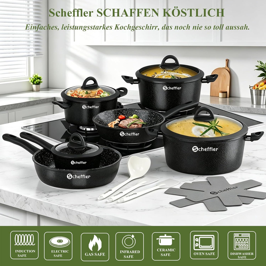 Topfset induktion Scheffler 15tlg Kochtopf Set,Antihaftbeschichtung Induktions Töpfe Set,Topfset Ind