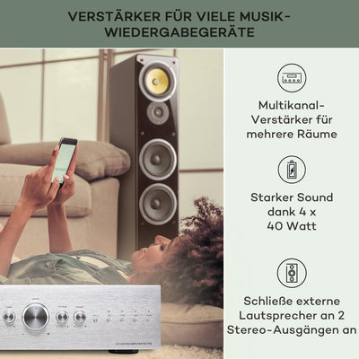 Auna Verstärker, HiFi Stereo Mini Verstärker, HiFi-Verstärker mit Bass & Treble Regler, 2 Kanal Audi