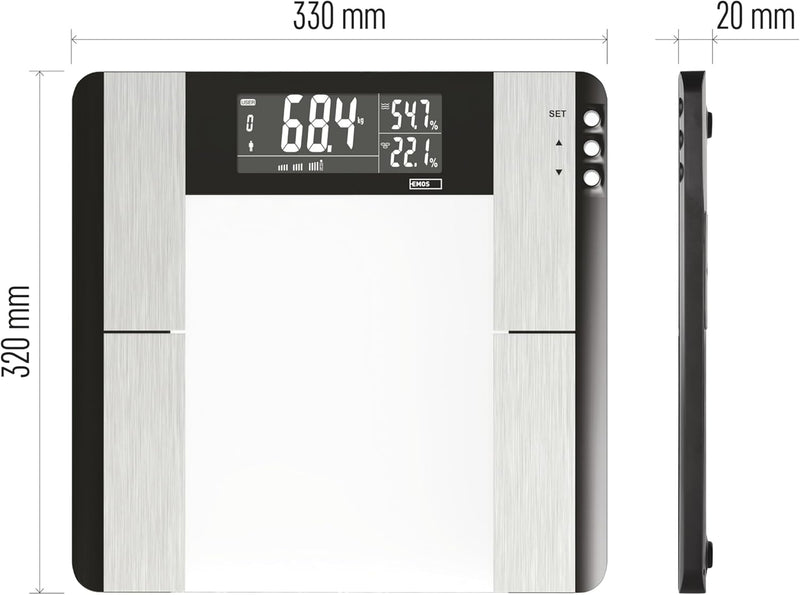 EMOS EV104 Digitale Personenwaage mit BMI und Memory Funktion, Waage / Gewichtswaage / Körperfettwaa