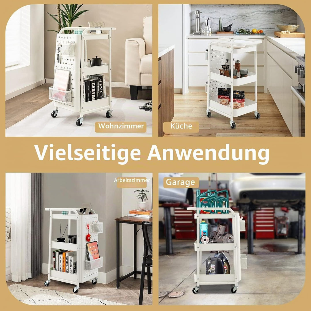GOPLUS 3-stöckiger Rollwagen, Werkzeugwagen mit 2 Steckplatten, 2 Körben 4 abnehmbaren Haken, mobile