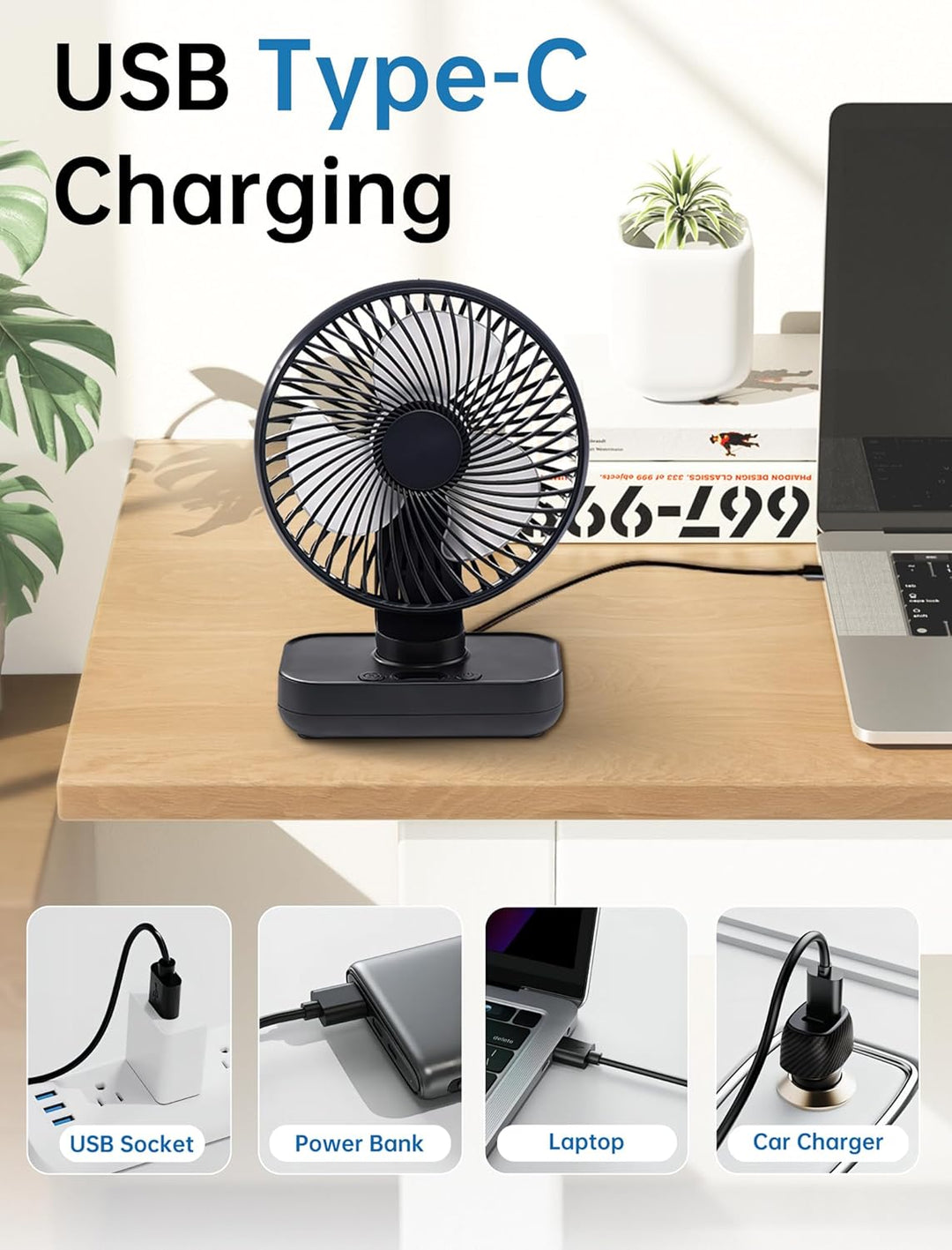 Mini Ventilator Oszillierend Ultra Leise, 4000mAh Akku Klein Tischventilator(4-13h), 4 Geschwindigke
