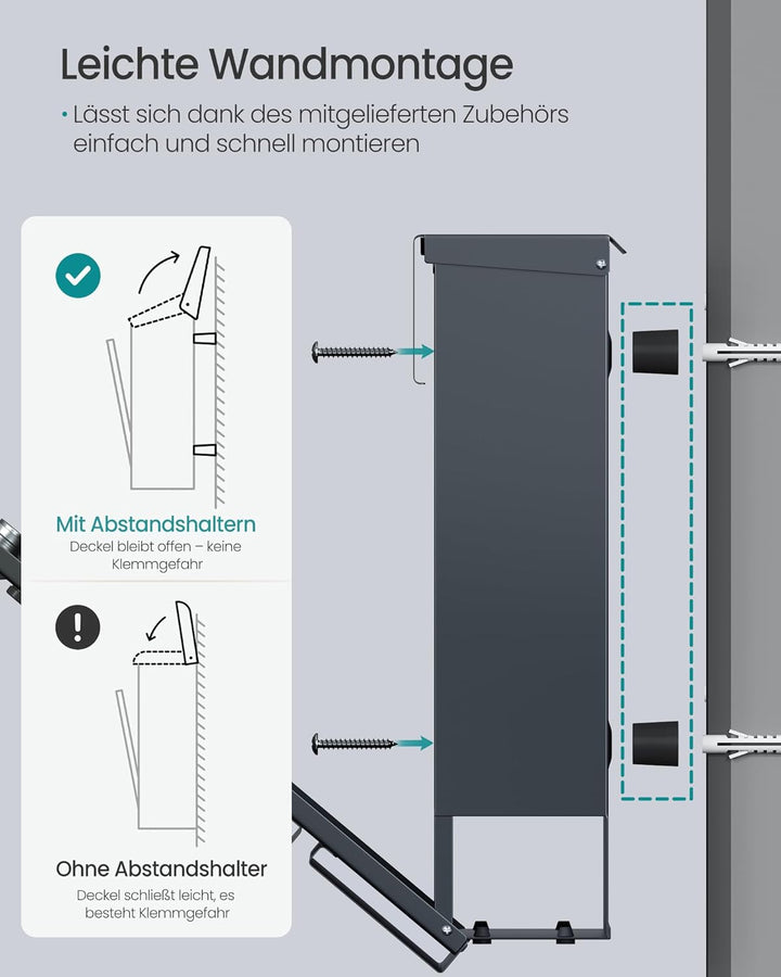 SONGMICS XL Briefkasten, Postkasten mit Zeitungsfach, 9,5 x 29 x 31 cm, Aufkleber gegen unerwünschte