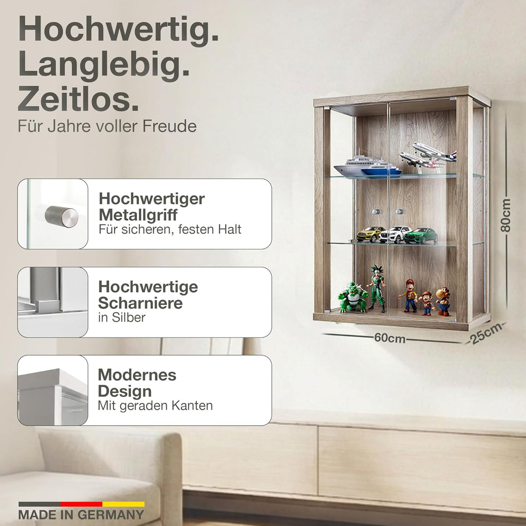 K-Möbel Hängevitrine Glas in Sonoma Eiche (80x60x25 cm) mit 2 höhenverstellbaren Glasböden - Modella