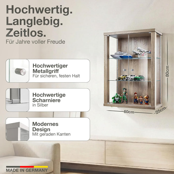 K-Möbel Hängevitrine Glas in Sonoma Eiche (80x60x25 cm) mit 2 höhenverstellbaren Glasböden - Modella