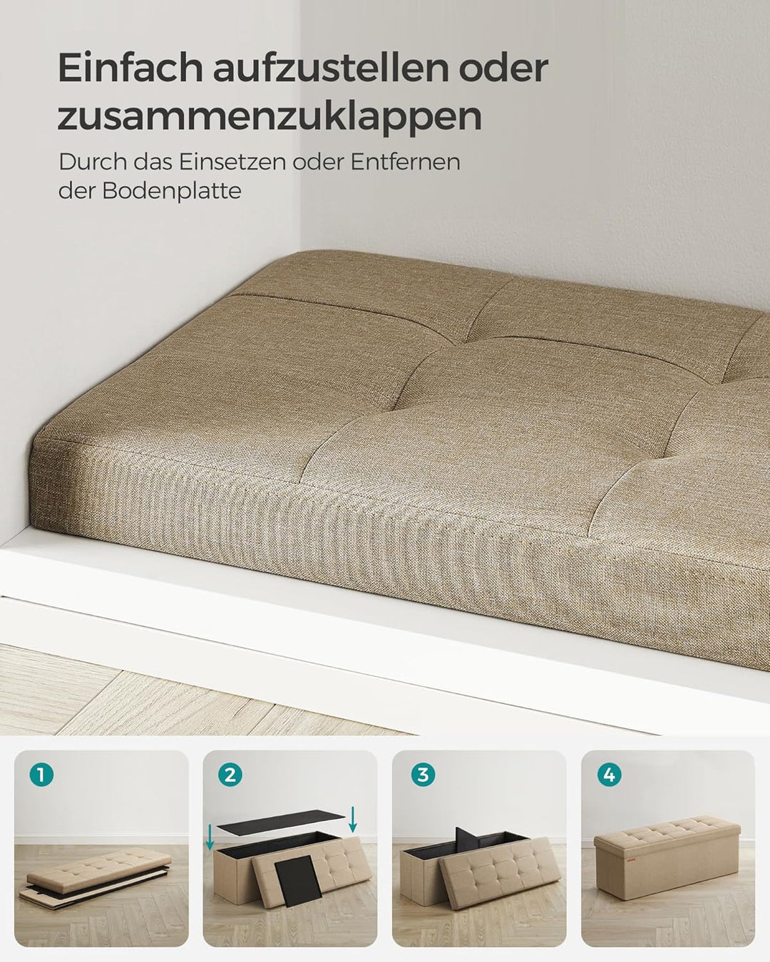 SONGMICS Sitzhocker mit Stauraum, klappbare Sitzbank, 38 x 110 x 38 cm Fussbank, Aufbewahrungsbox, b