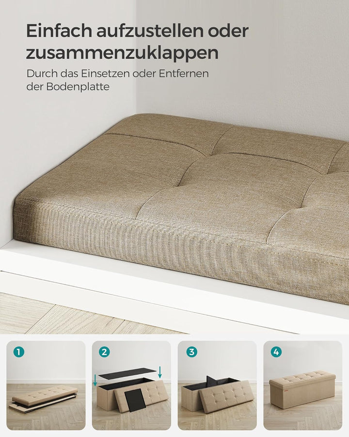 SONGMICS Sitzhocker mit Stauraum, klappbare Sitzbank, 38 x 110 x 38 cm Fussbank, Aufbewahrungsbox, b