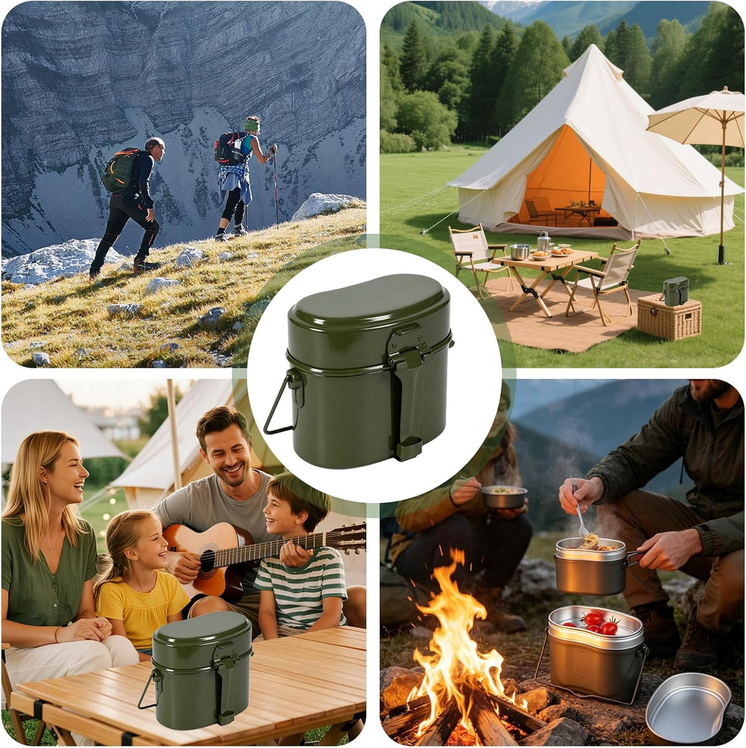 Camping Kochgeschirr Set, 5 STK Bundeswehr Essgeschirr aus Aluminium mit Faltbarer Messer, Gabel, Lö