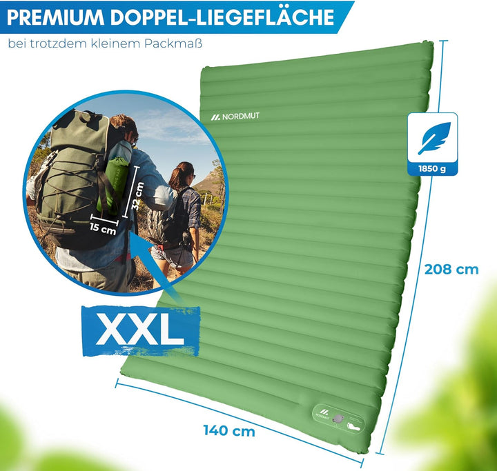 NORDMUT® Isomatte Selbstaufblasend 2 Personen - Outdoor Matratze 10cm Ultra komfortabel - Luftmatrat