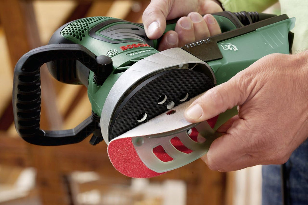 Bosch Exzenterschleifer PEX 400 AE (350 Watt, im Koffer) + Bosch Schleifblatt-Set 25tlg. (Hart- und