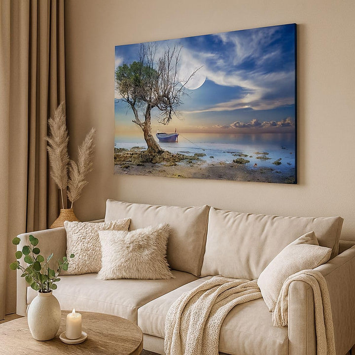 Bilder auf Leinwand 100x70cm Leinwandbild mit Rahmen Nacht Mond Boot Gross Wanddeko Bild Schlafzimme