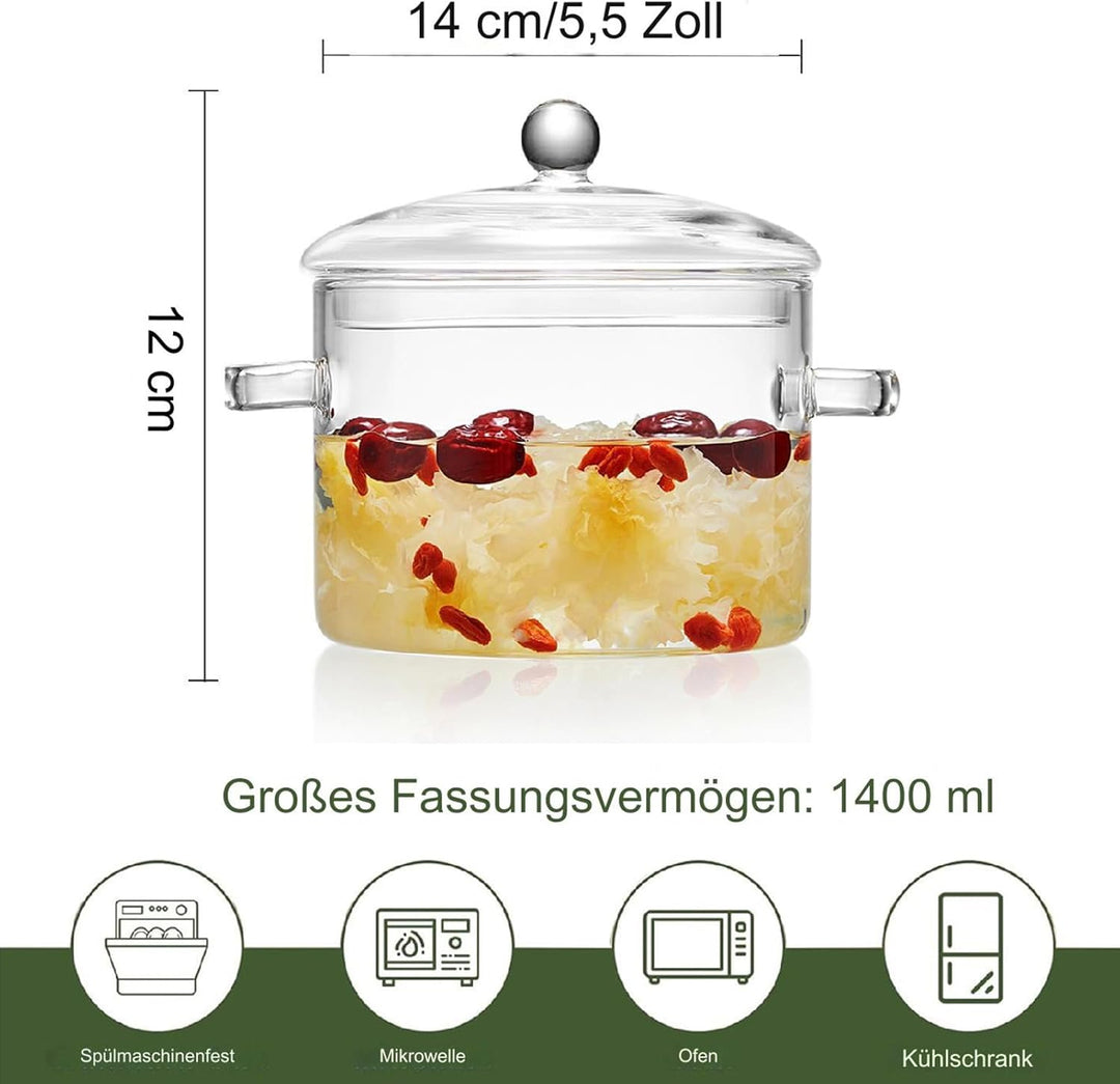 AnaTI Glastopf Kochtopf, 1400ML Suppentopf mit Deckel zum Kochen, Hochtemperaturbeständiger Transpar