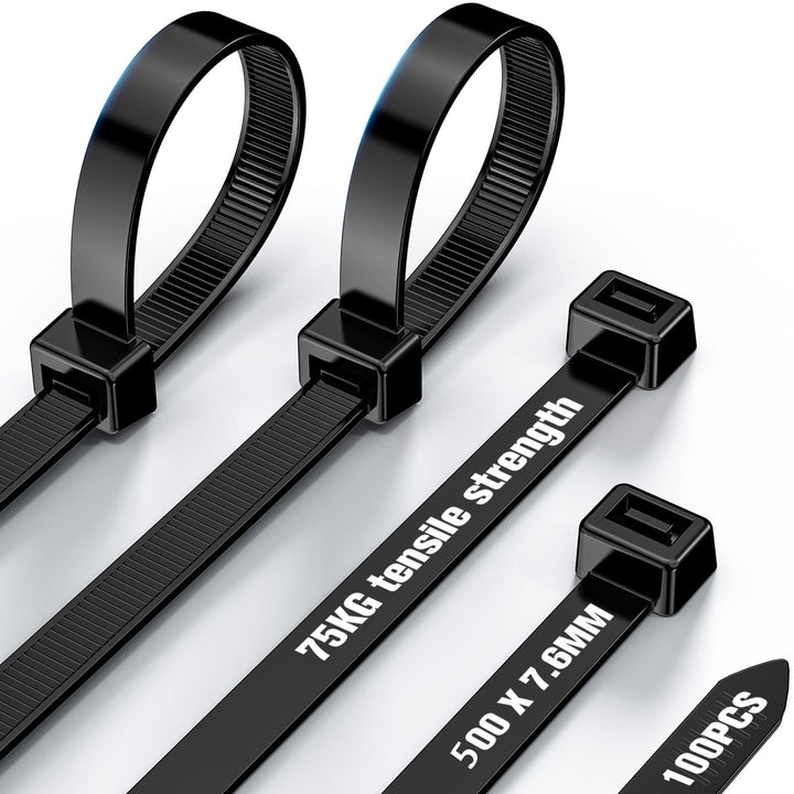 NORSHY Kabelbinder Schwarz Wiederverschliessbar 500 mm x 7,6 mm, Cable Ties UV-Beständig 75KG Ultra