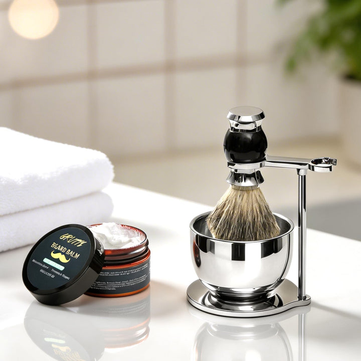 GRUTTI Rasier-Set 4-in-1: Rasierbürste + Rasierbecher + Rasierständer + Rasiercreme, Luxus Rasurerle