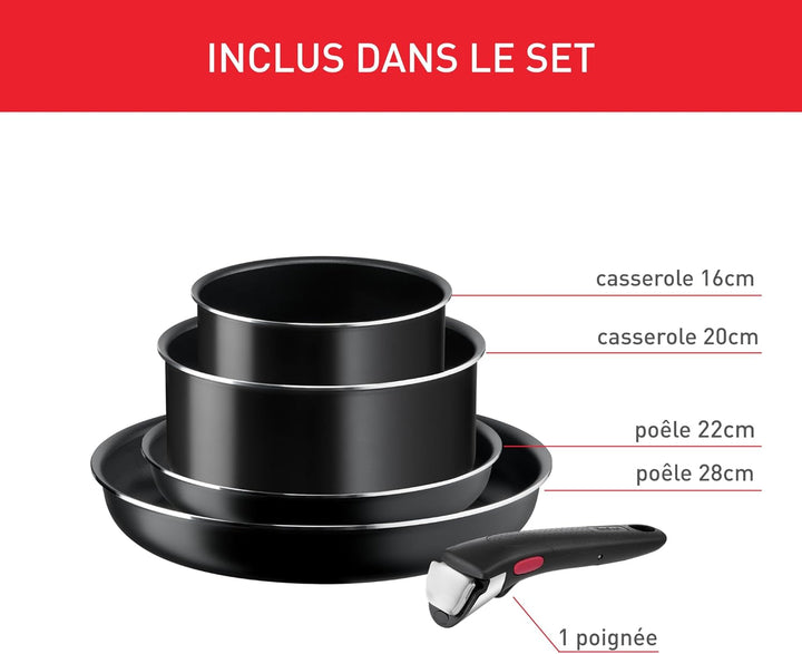 Tefal Ingenio Easy On Pfannen-Set, 2-teilig, 22/28 cm + 2 Stielkasserolle 16/20 cm + abnehmbarer Gri