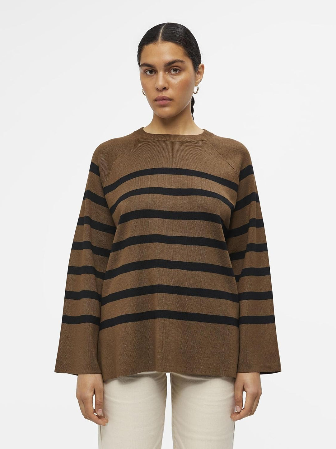 Object Damen Objester Ls Knit Top Noos Pullover, Dark Earth/Stripes:black