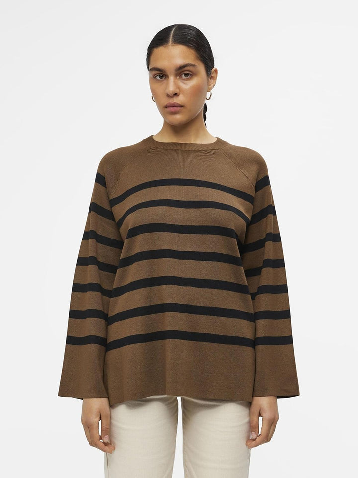 Object Damen Objester Ls Knit Top Noos Pullover, Dark Earth/Stripes:black