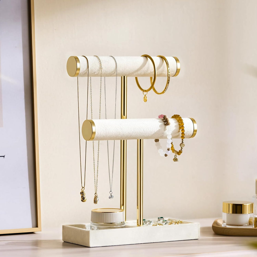 Schmuck Organizer mit 2 Ebenen - Beige Schmuckständer Armbänder, Abnehmbarer T-Steg Schmuck Ständer,